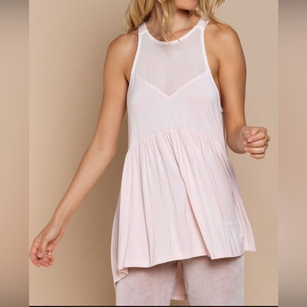 POL Pink / Blush Halter Babydoll Tank Top With Mesh Detail - Size Small